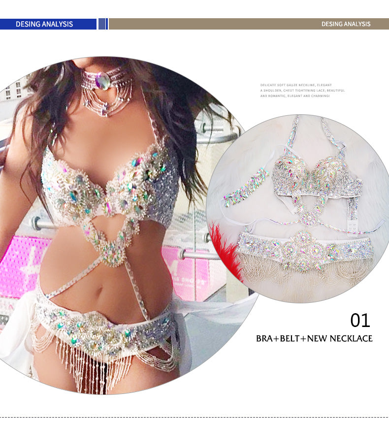 Beaded Crystal Belly Dance Costume Bra+Belt+Necklace 3pc Performance Set