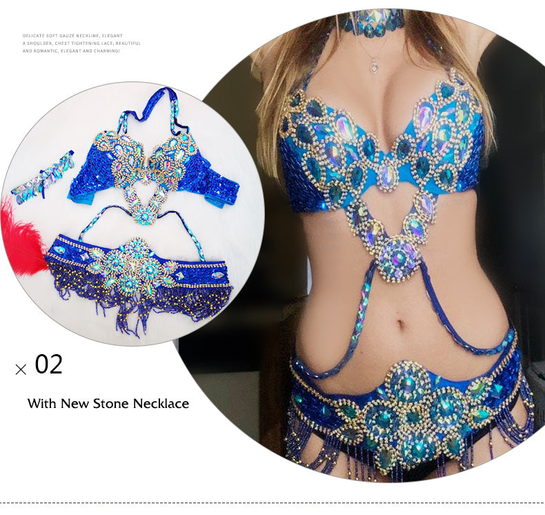 Beaded Crystal Belly Dance Costume Bra+Belt+Necklace 3pc Performance Set