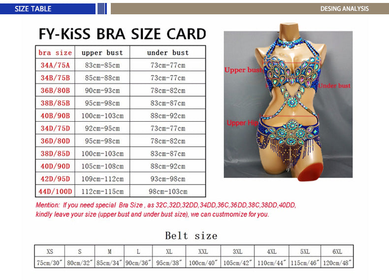 Beaded Crystal Belly Dance Costume Bra+Belt+Necklace 3pc Performance Set