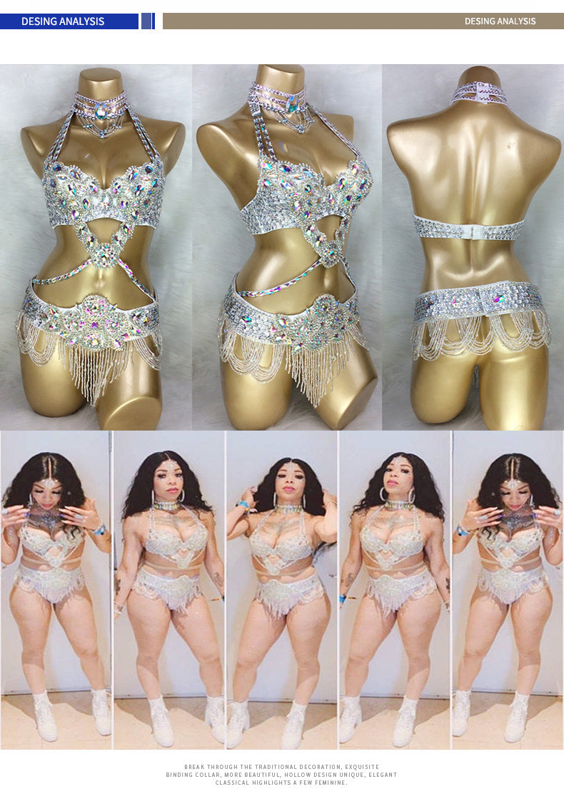 Beaded Crystal Belly Dance Costume Bra+Belt+Necklace 3pc Performance Set