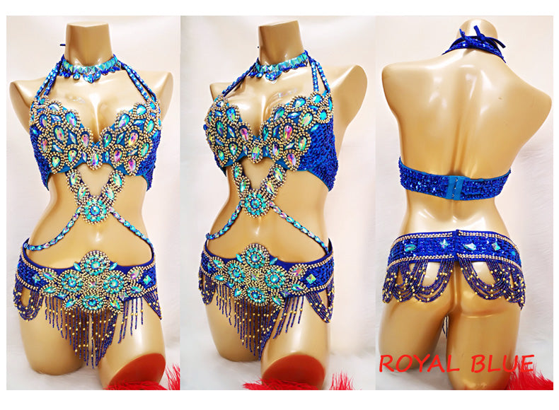 Beaded Crystal Belly Dance Costume Bra+Belt+Necklace 3pc Performance Set