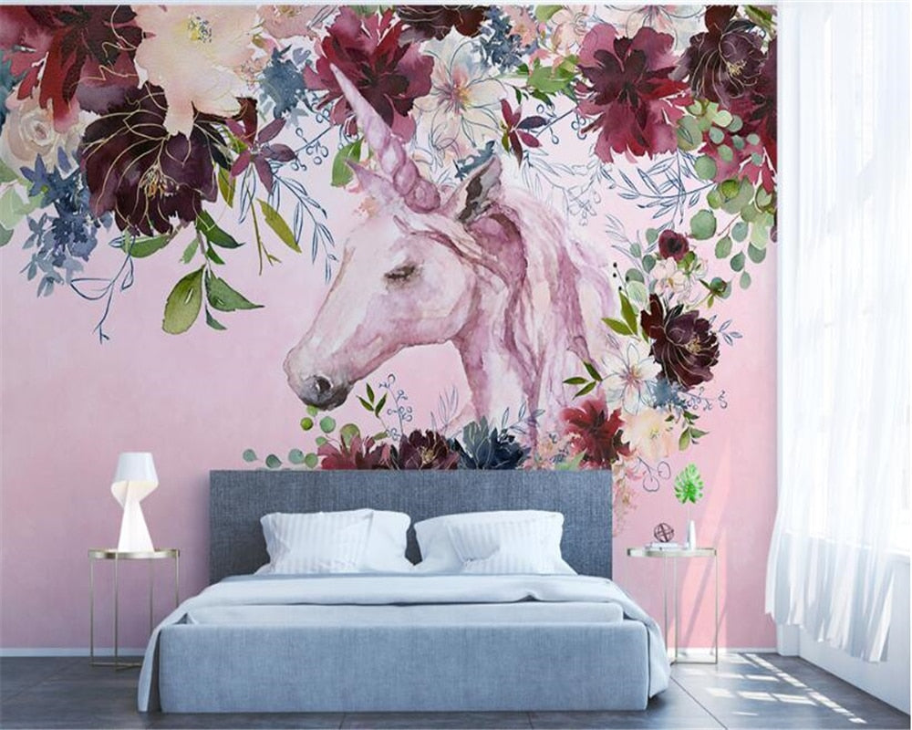 Unicorn Floral Silk Cloth Wallpaper