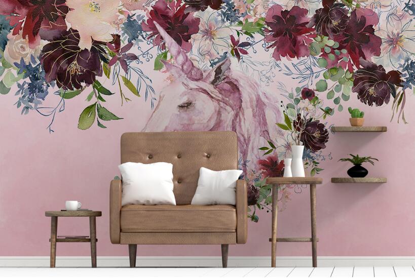 Unicorn Floral Silk Cloth Wallpaper