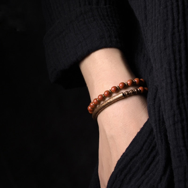 Multi Layer Copper African Grass Jade or Red Jasper Handcrafted Unisex Bracelet