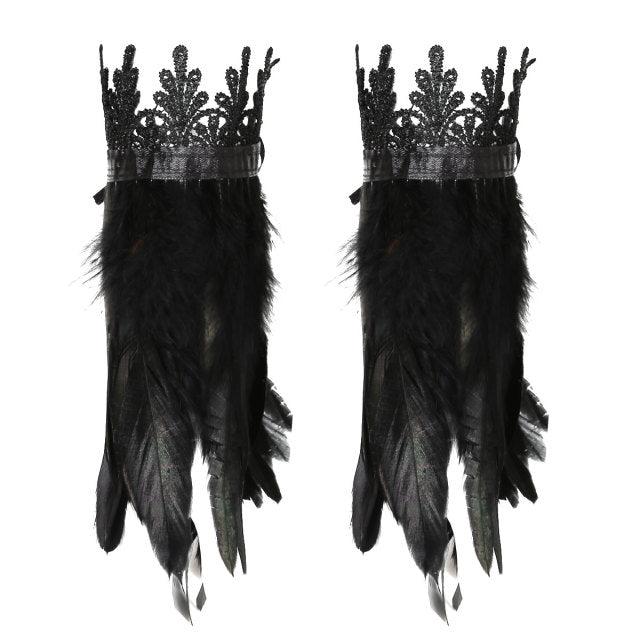 Black Natural Feather Wrist Cuffs with Ribbon Ties