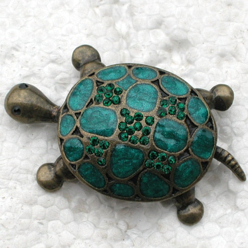 Enamel Turtle Brooch Antique Bronze with Green Rhinestones