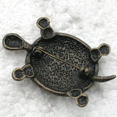 Enamel Turtle Brooch Antique Bronze with Green Rhinestones