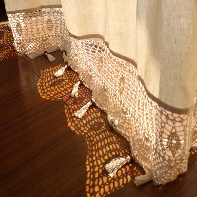 Cotton Linen Handmade Embroidered Tassel Hem Curtain