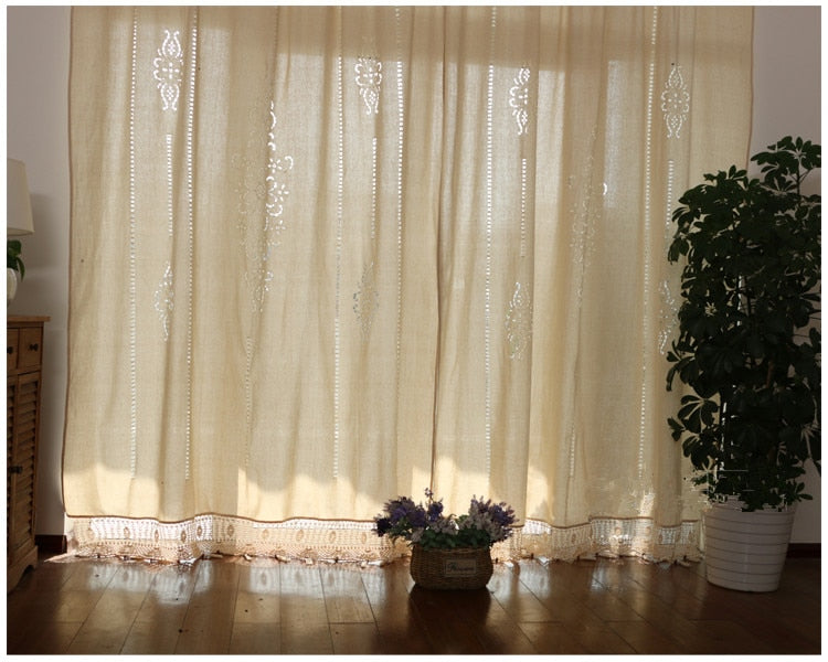 Cotton Linen Handmade Embroidered Tassel Hem Curtain