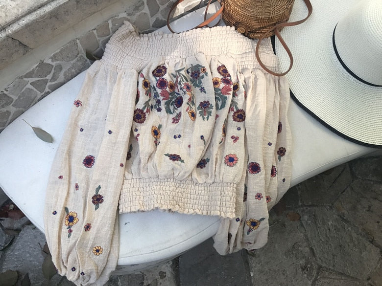 Lantern Sleeve Embroidered Off The Shoulder Boho Top