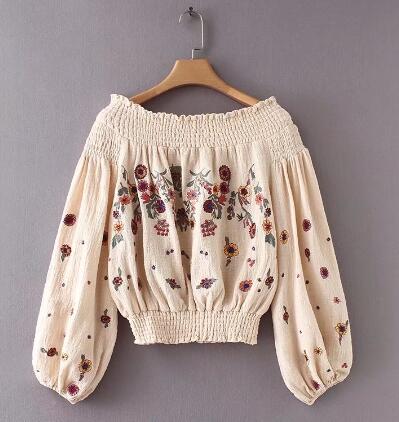 Lantern Sleeve Embroidered Off The Shoulder Boho Top
