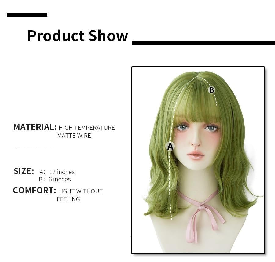 Olive Green Wig With Bangs Heat Resistant Synthetic Mid-length Wig