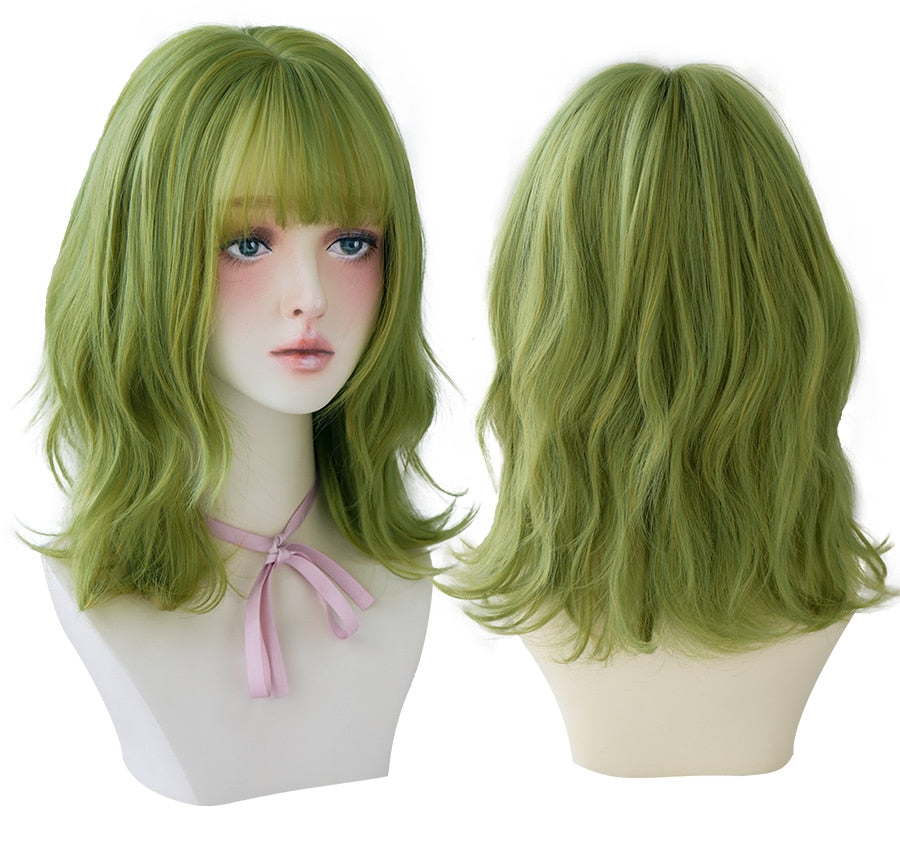 Olive Green Wig With Bangs Heat Resistant Synthetic Mid-length Wig