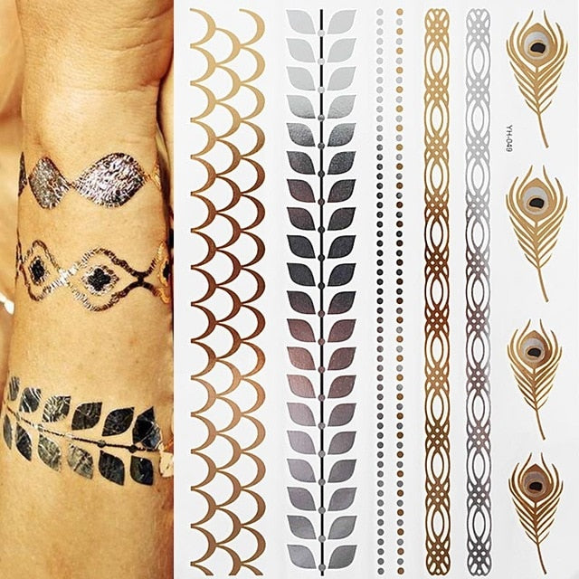 Boho Metallic Gold Feathers Festival Temporary Tattoos
