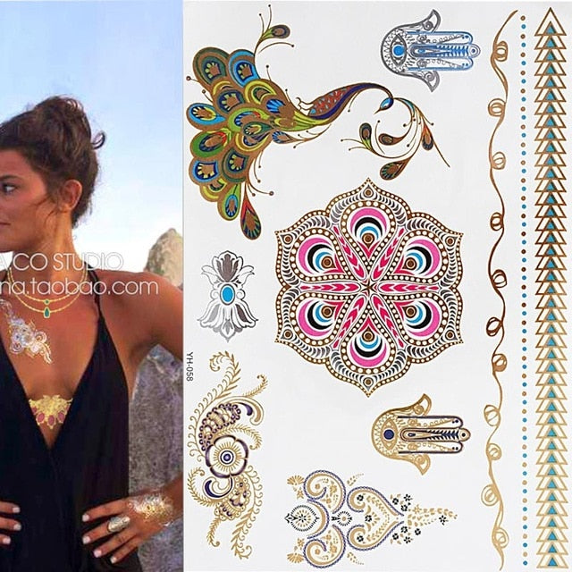 Boho Metallic Gold Feathers Festival Temporary Tattoos