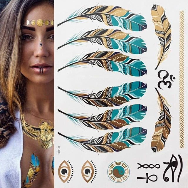 Boho Metallic Gold Feathers Festival Temporary Tattoos