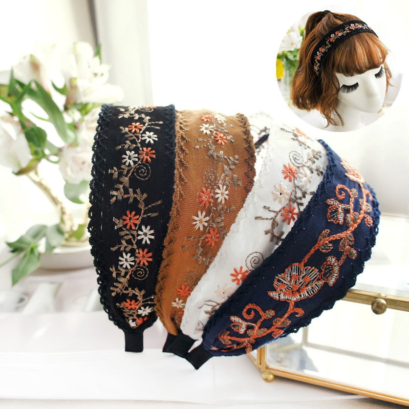 Wide Embroidered Ribbon Boho Hairbands