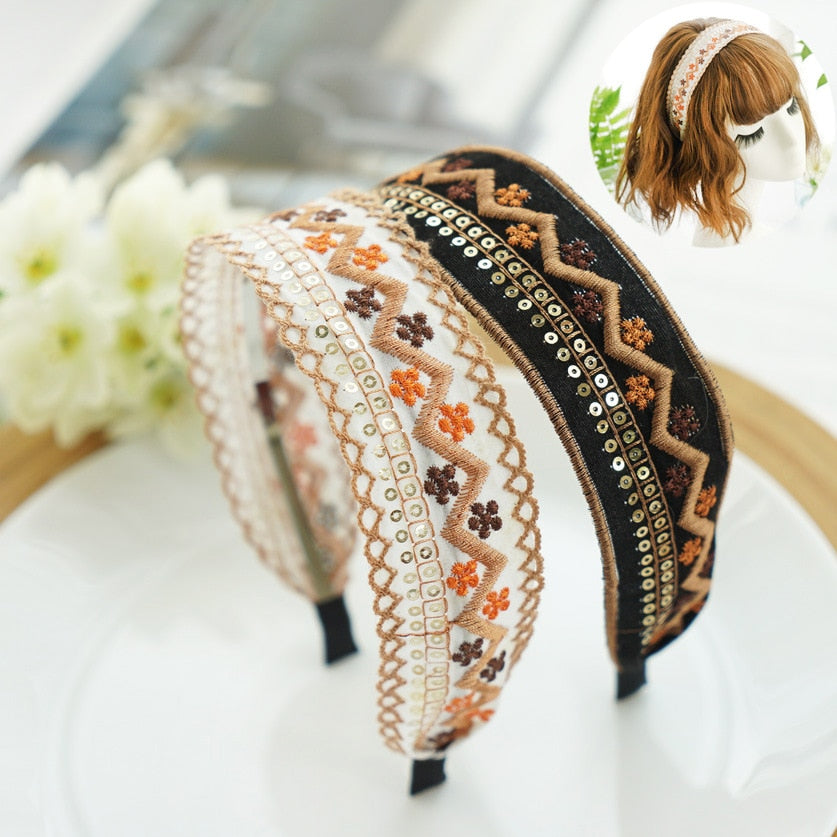 Wide Embroidered Ribbon Boho Hairbands