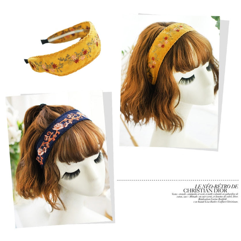 Wide Embroidered Ribbon Boho Hairbands
