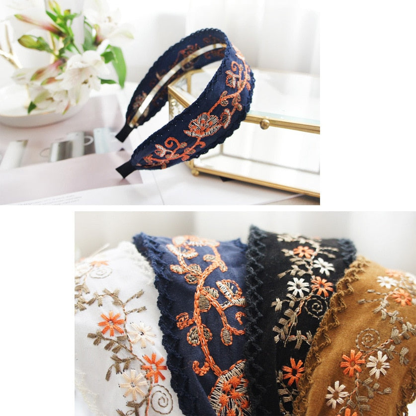 Wide Embroidered Ribbon Boho Hairbands