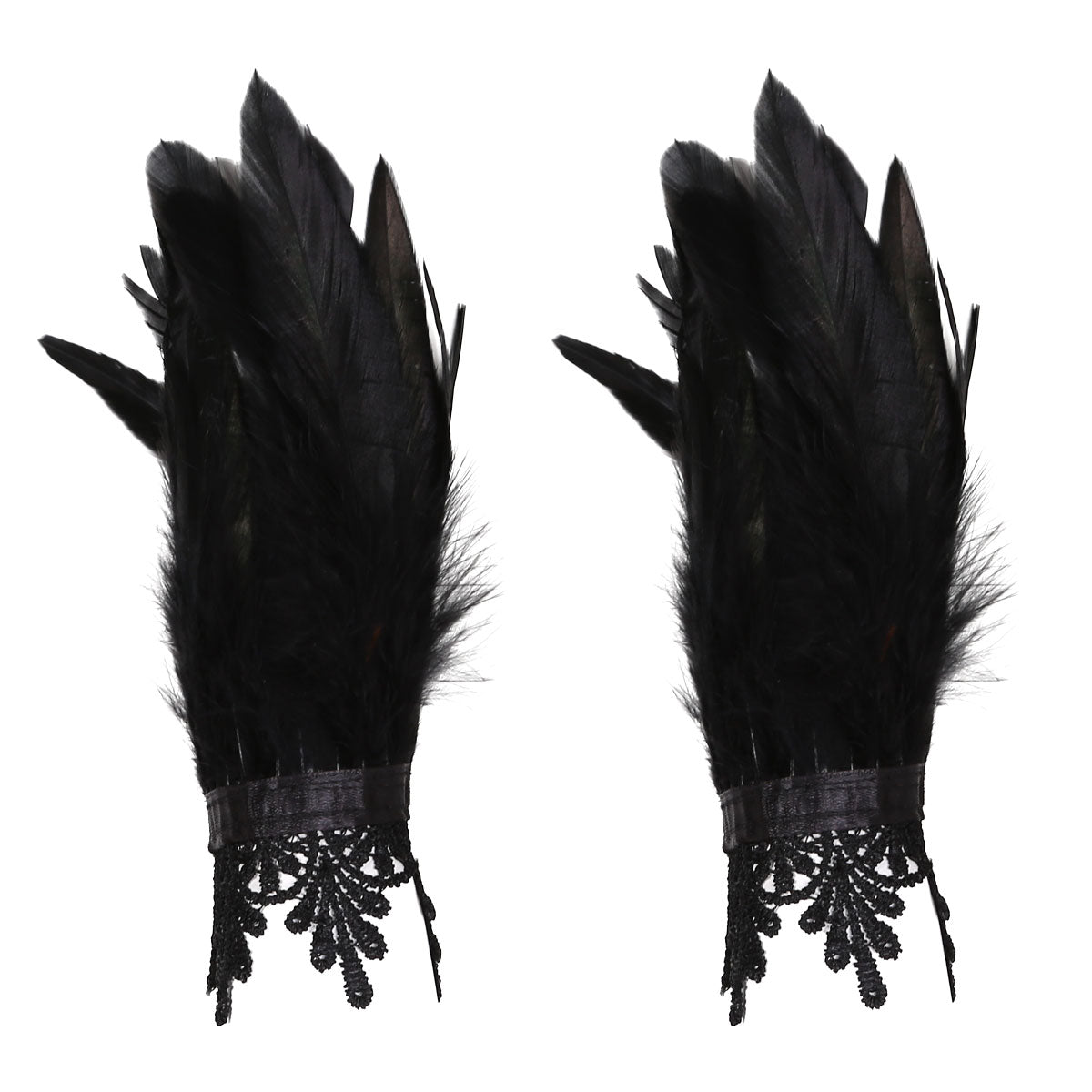 Black Natural Feather Wrist Cuffs with Ribbon Ties