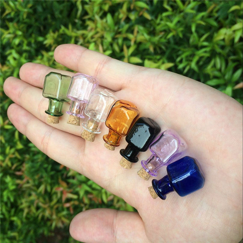 Set of Seven Mini Glass Wishing Bottles With Cork Stoppers