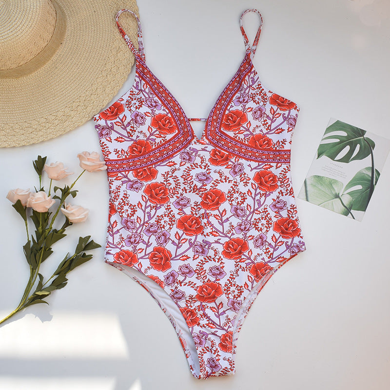 Red Bohemian Rose Floral Bathing Suit One Piece Womens Swimwear