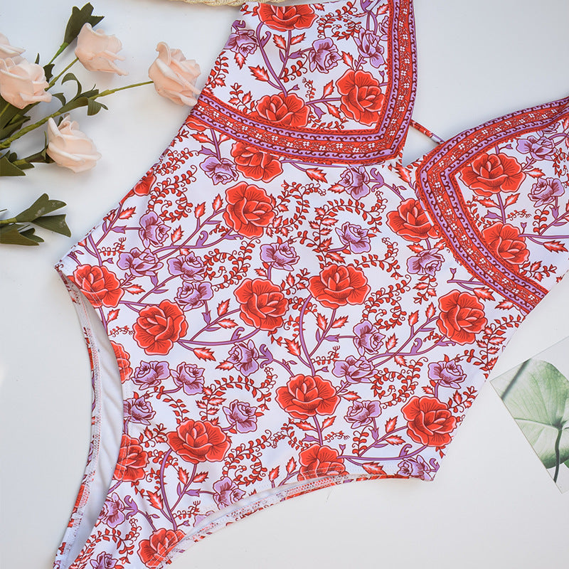 Red Bohemian Rose Floral Bathing Suit One Piece Womens Swimwear