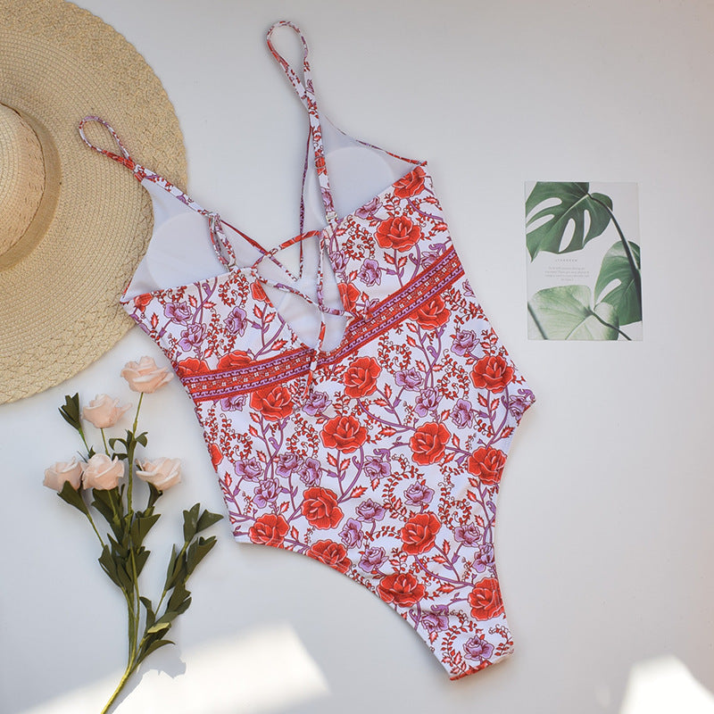Red Bohemian Rose Floral Bathing Suit One Piece Womens Swimwear
