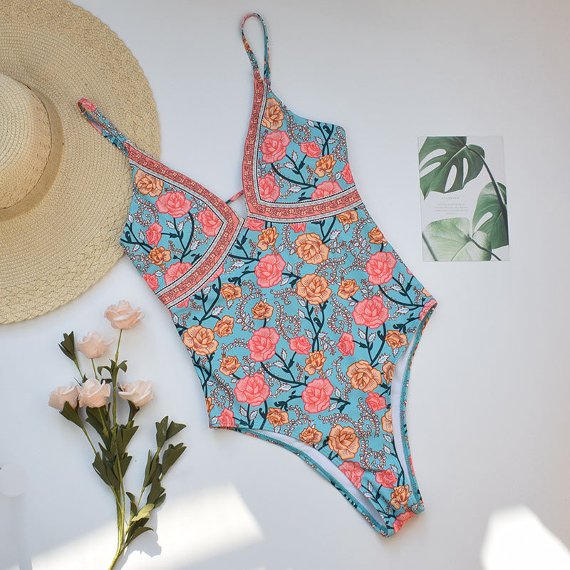 Red Bohemian Rose Floral Bathing Suit One Piece Womens Swimwear