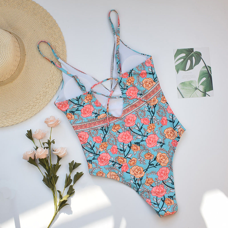 Red Bohemian Rose Floral Bathing Suit One Piece Womens Swimwear
