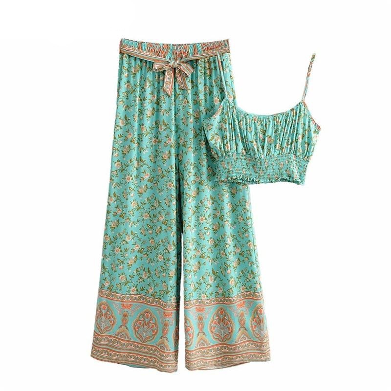 Two Piece Pale Mint Green Boho Wide Leg Pant & Matching Camis Set