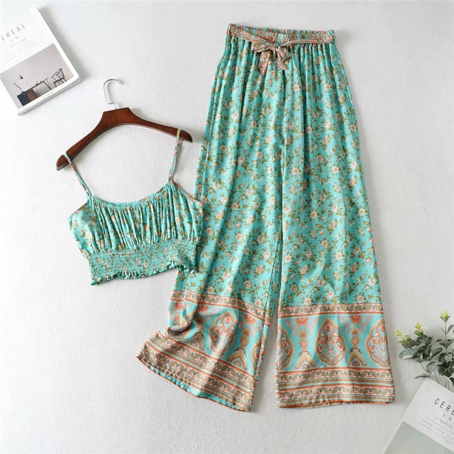 Two Piece Pale Mint Green Boho Wide Leg Pant & Matching Camis Set