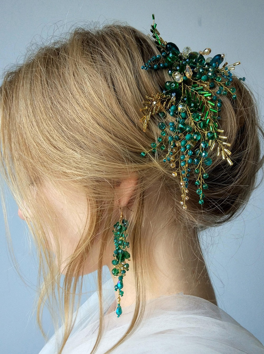 Green Envy Crystal Hair Vine Hair Piece Bridal Gold Hair Accessories & Earrings