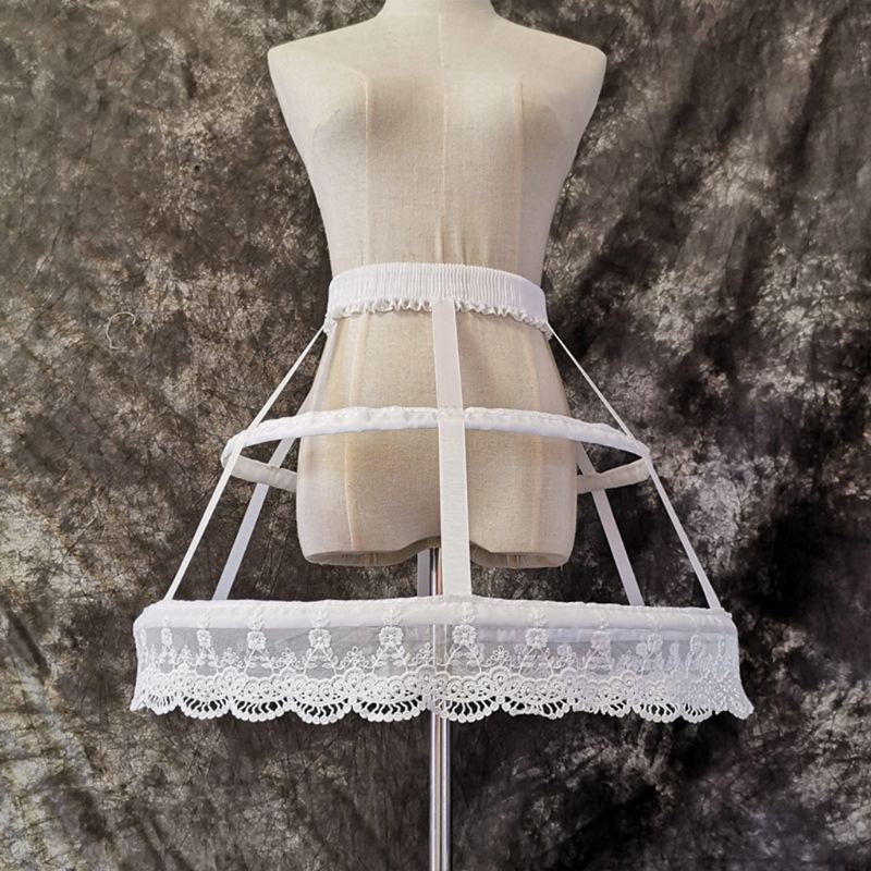 Lolita Fishbone Hollow Bird Cage Skirt Victorian Petticoat 2 Hoops Crinoline Embroidery Floral Lace Underskirt