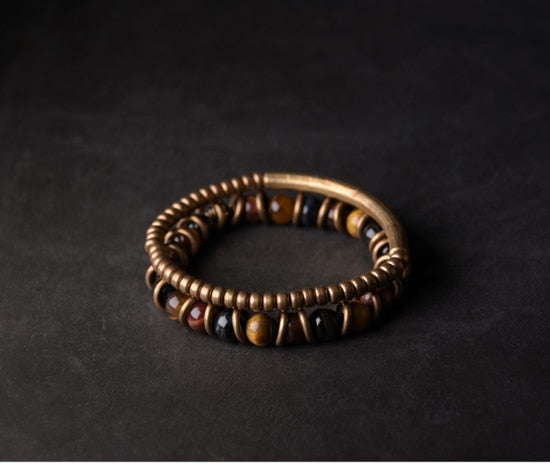 Tiger Eye Stone Bracelet Mixed Hammered Pure Copper Unisex Jewellery