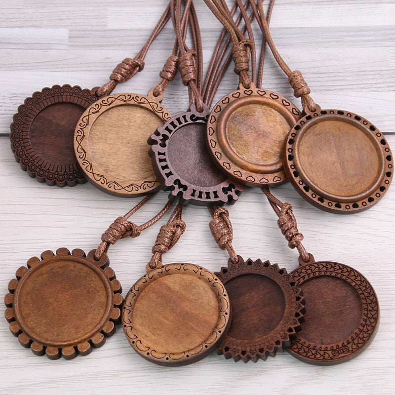 5pcs Wooden Blank Cameo Pendant Base Trays with Leather Cord for Jewellery Making