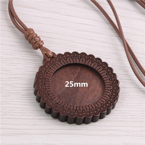 5pcs Wooden Blank Cameo Pendant Base Trays with Leather Cord for Jewellery Making