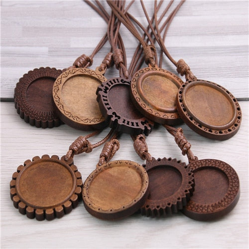 5pcs Wooden Blank Cameo Pendant Base Trays with Leather Cord for Jewellery Making