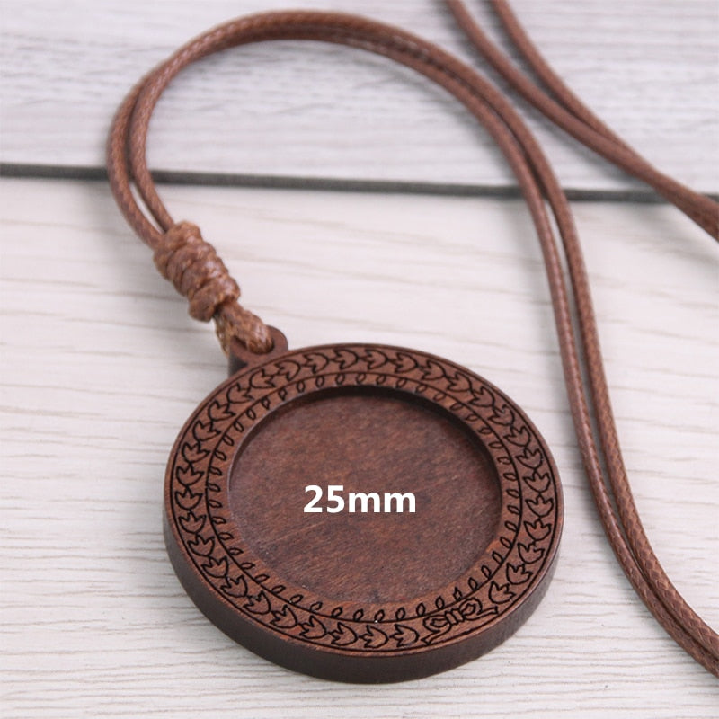 5pcs Wooden Blank Cameo Pendant Base Trays with Leather Cord for Jewellery Making