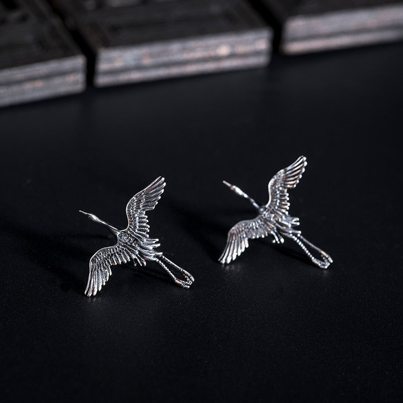 Flying Crane Stud Earrings 925 Sterling Silver