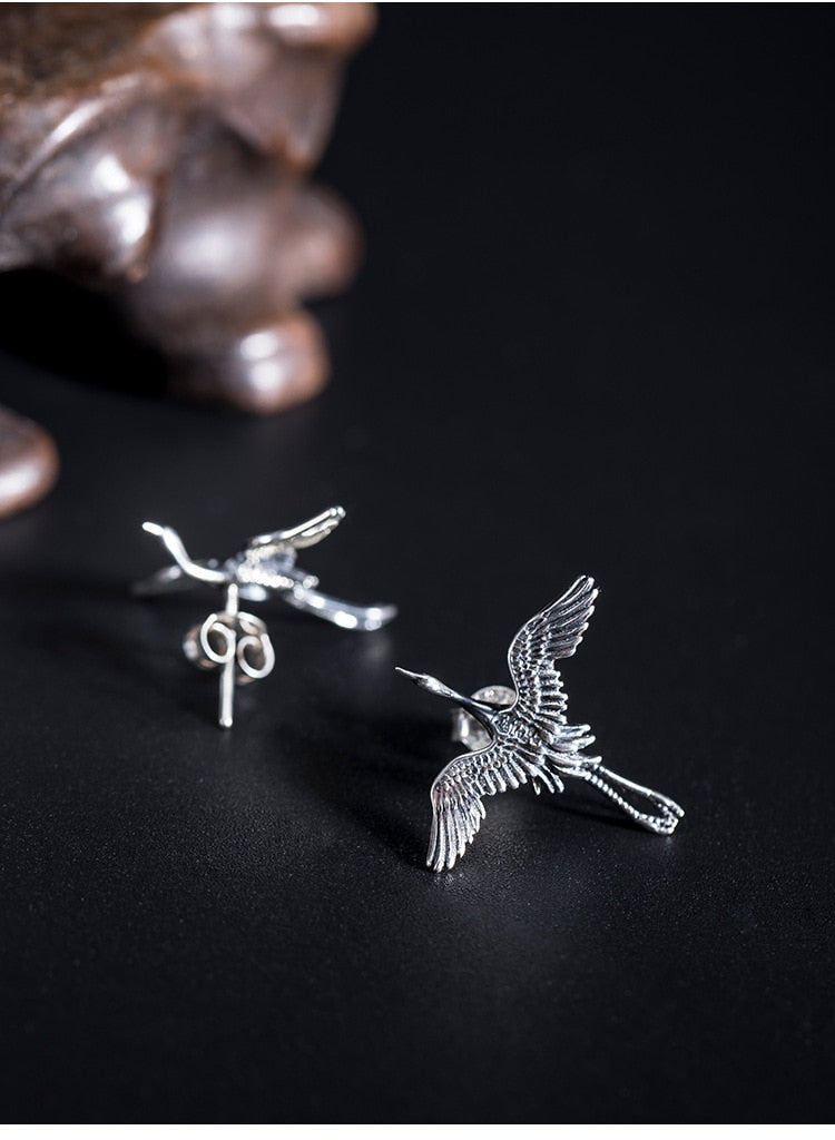 Flying Crane Stud Earrings 925 Sterling Silver