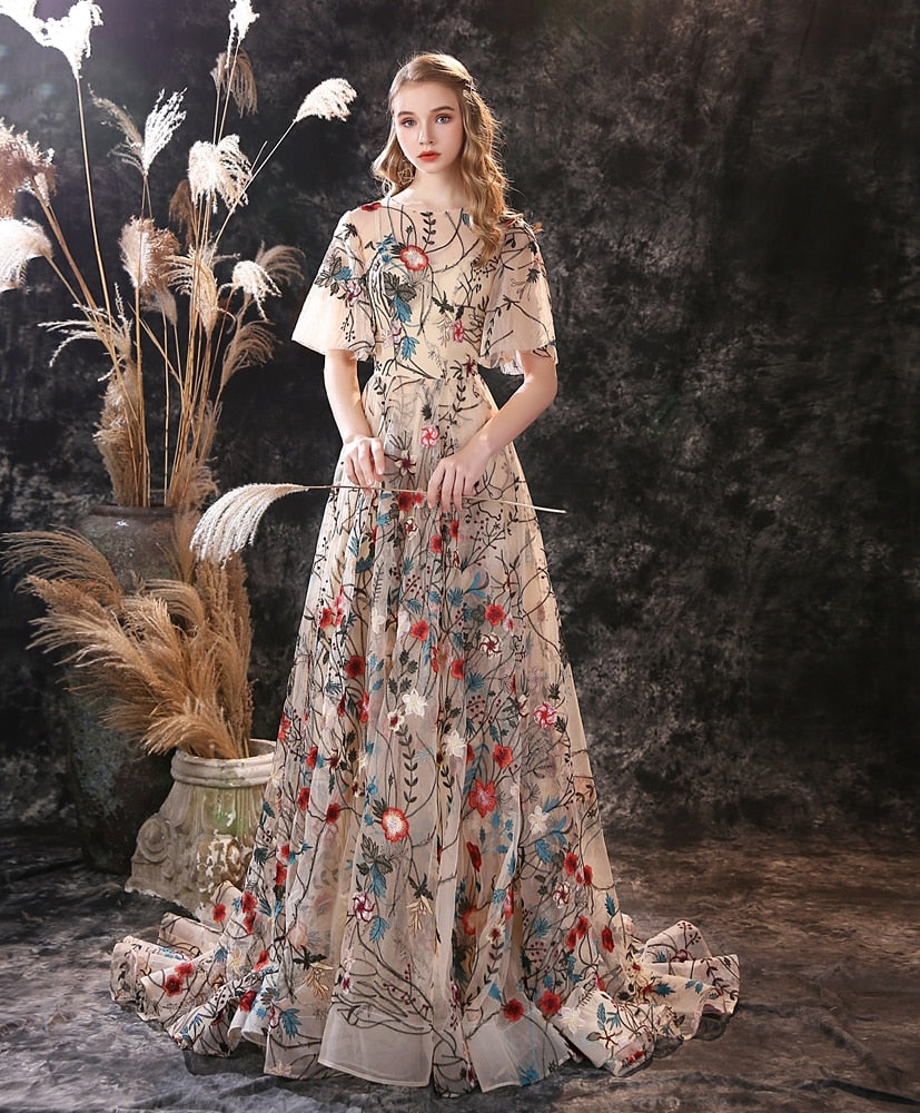 Rochelle's Floral Embroidery Tulle Evening Dresses