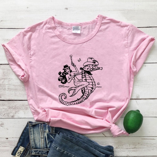The Cowgirl Mermaid 100% Cotton T-shirt Sea-haw Rodeo Western Tee