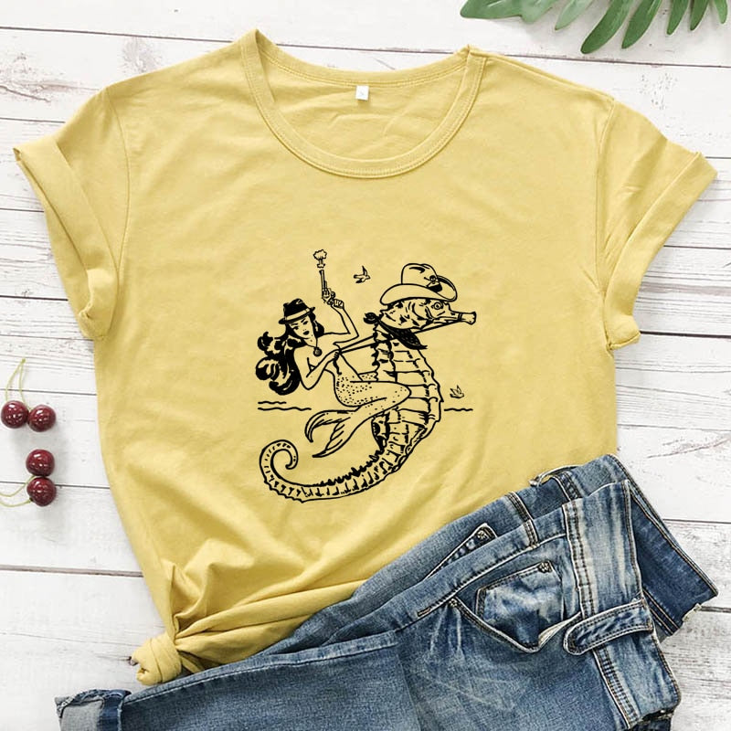 The Cowgirl Mermaid 100% Cotton T-shirt Sea-haw Rodeo Western Tee