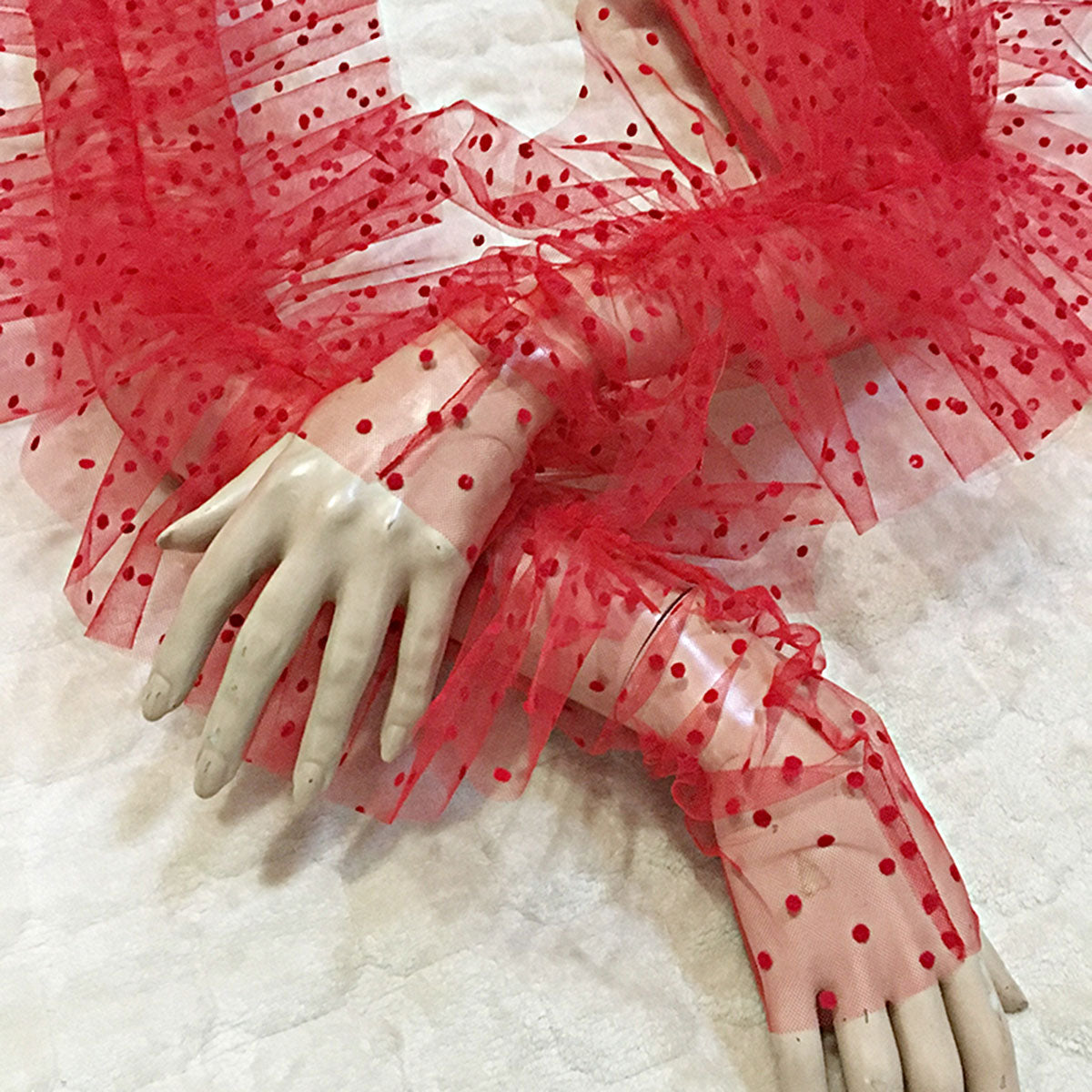 Dot Print Mesh Long Fingerless Gloves with Ruffles