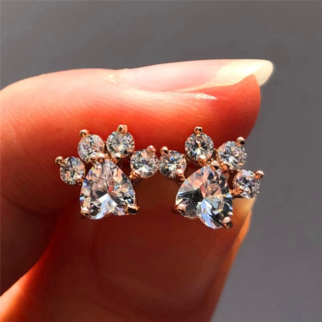 Pet Paw Rose Gold Cubic Zirconia Stud Earrings