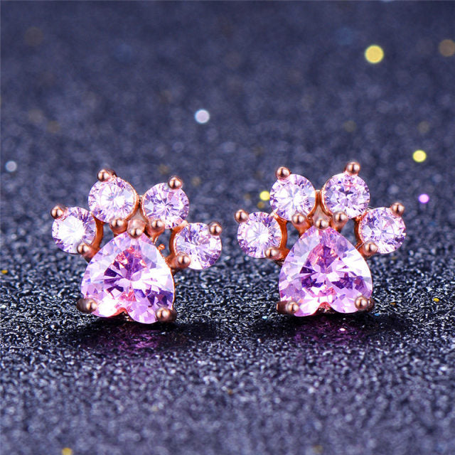 Pet Paw Rose Gold Cubic Zirconia Stud Earrings
