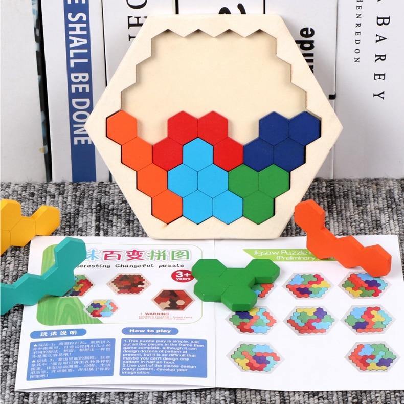 Wooden Hexagon Honeycomb Kids Puzzle Toy Colourful Shapes Educational Toys - Woodland Gatherer