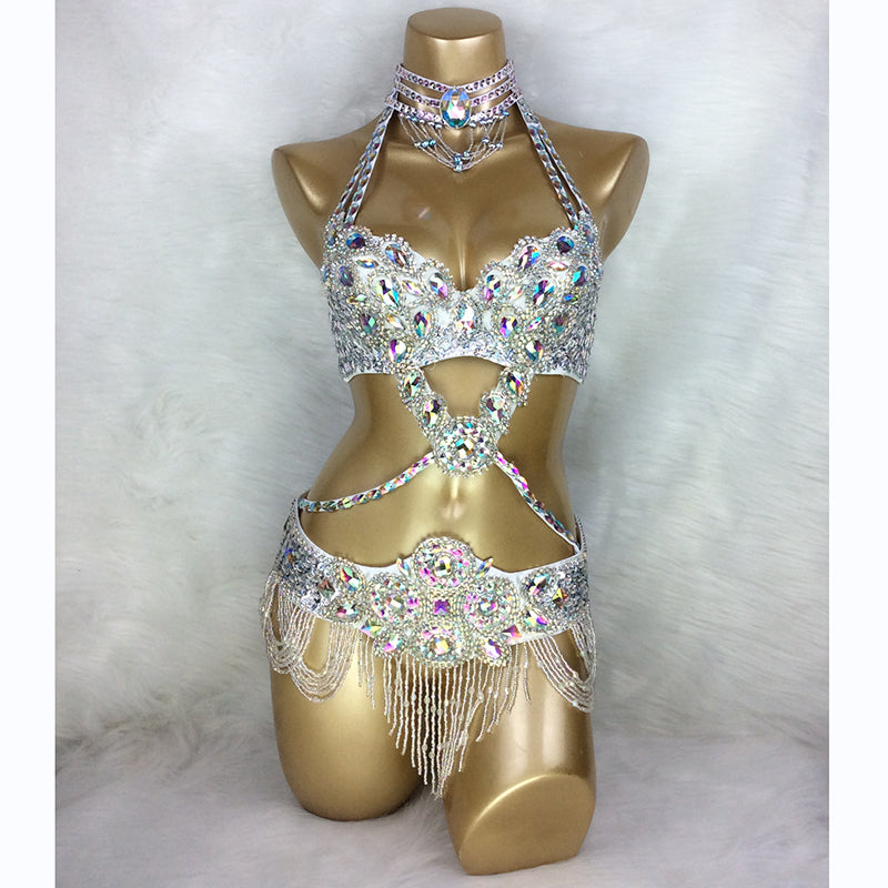 Beaded Crystal Belly Dance Costume Bra+Belt+Necklace 3pc Performance Set